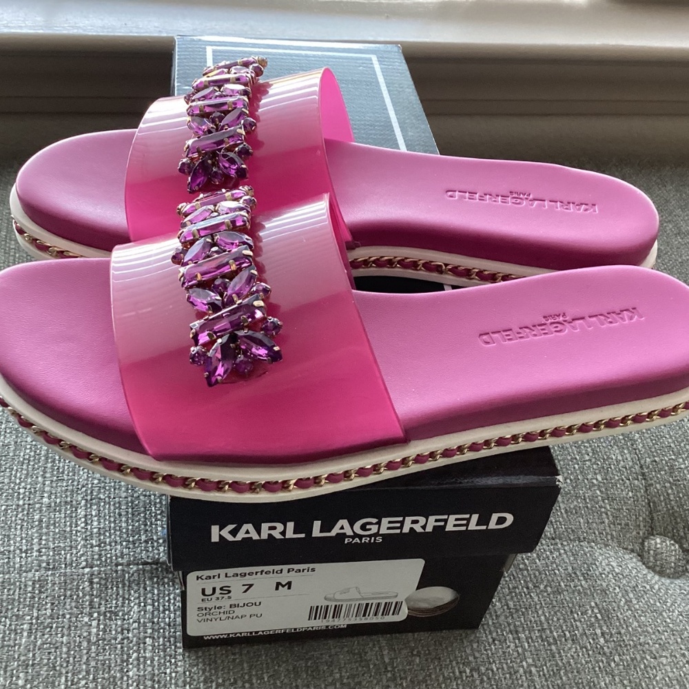 KARL LAGERFELD PARIS Women's Bijou Embellished Slide Sandals, size 7 - Picture 9 of 13